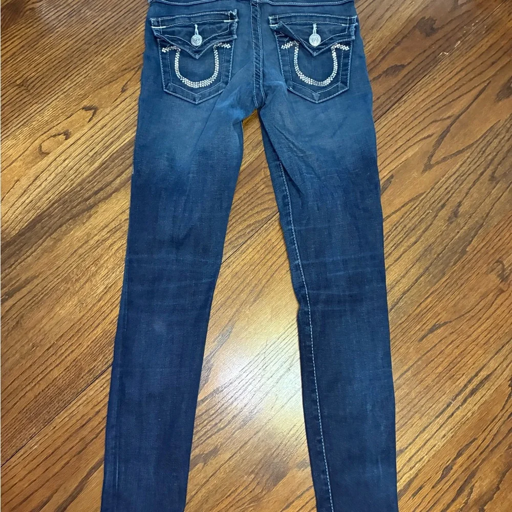 True Religion Casey Low Rise Skinny Jeans Dark Wash Rhinestone Horseshoe Size 26